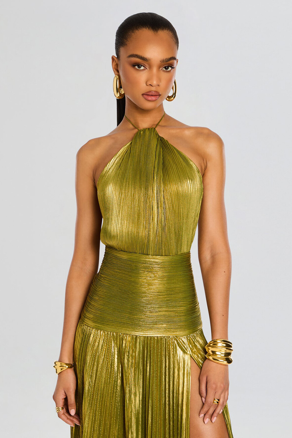 Pleated Metallic Finish Cinch Waist Slit Halter Maxi Dresses-Gold [Pre Order]