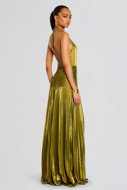 Pleated Metallic Finish Cinch Waist Slit Halter Maxi Dresses-Gold [Pre Order]