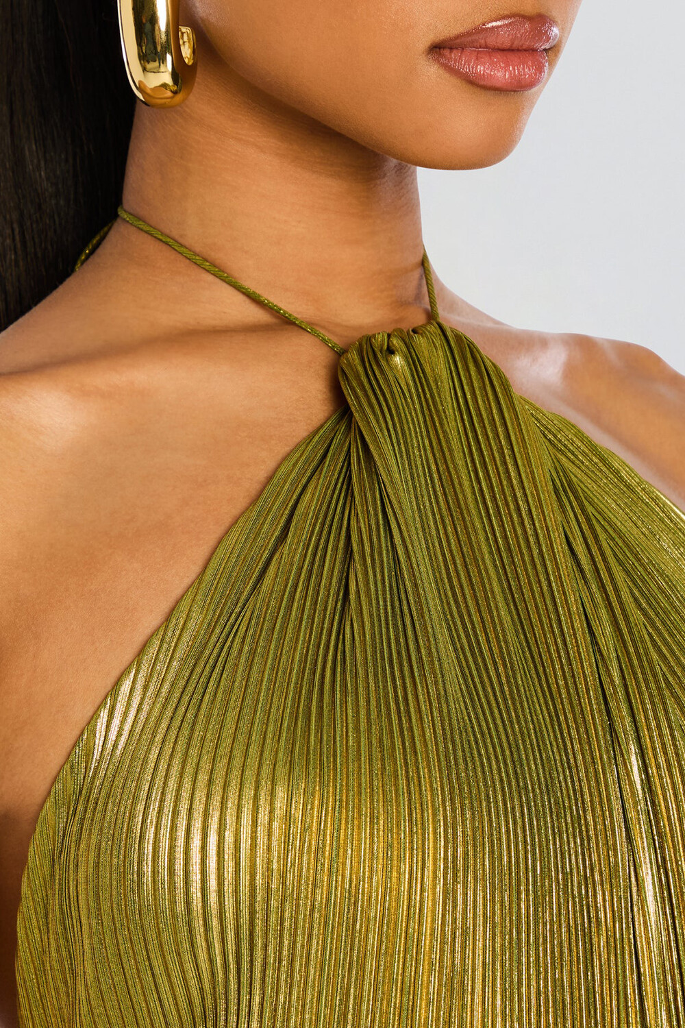 Pleated Metallic Finish Cinch Waist Slit Halter Maxi Dresses-Gold [Pre Order]