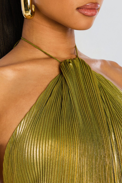 Pleated Metallic Finish Cinch Waist Slit Halter Maxi Dresses-Gold [Pre Order]