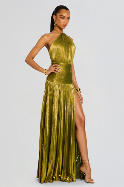 Pleated Metallic Finish Cinch Waist Slit Halter Maxi Dresses-Gold [Pre Order]