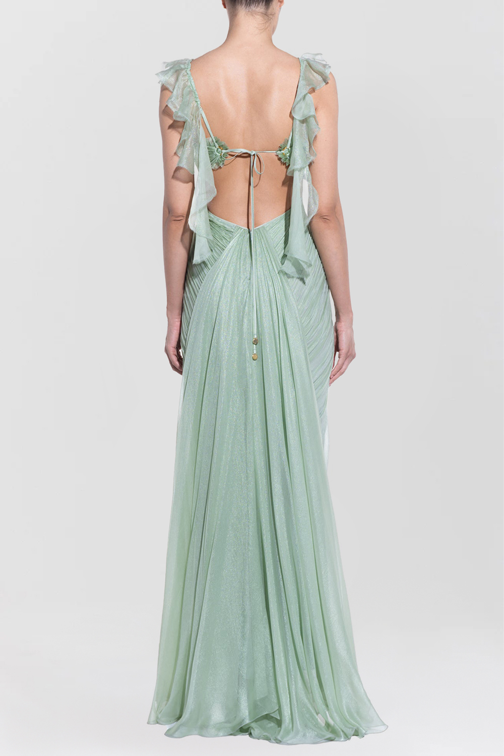 Ruffled Straps Open Back Fitted Flared Hem Maxi Dresses-Green [Pre Order]