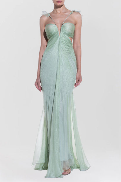 Ruffled Straps Open Back Fitted Flared Hem Maxi Dresses-Green [Pre Order]
