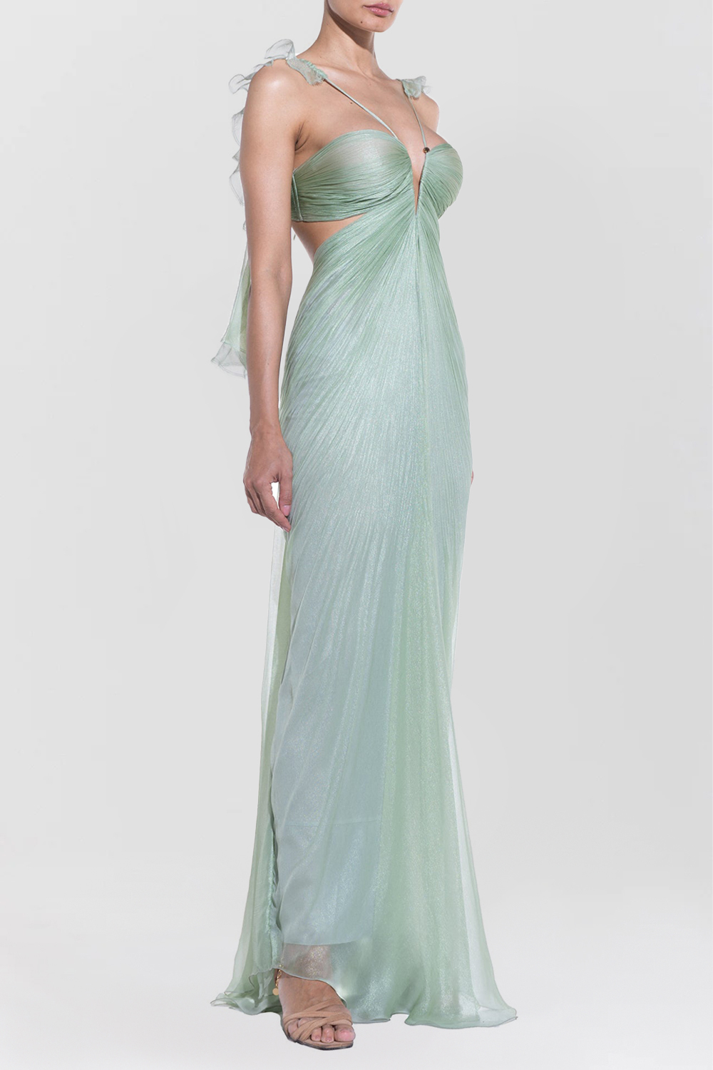 Ruffled Straps Open Back Fitted Flared Hem Maxi Dresses-Green [Pre Order]