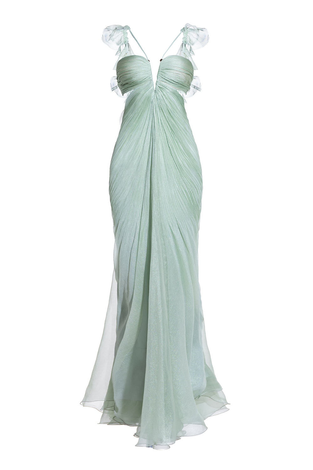 Ruffled Straps Open Back Fitted Flared Hem Maxi Dresses-Green [Pre Order]