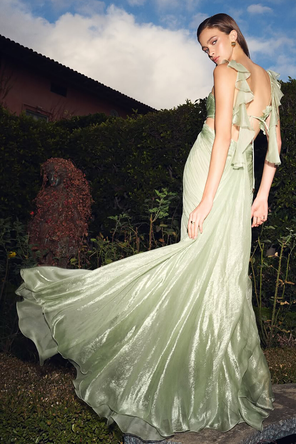 Ruffled Straps Open Back Fitted Flared Hem Maxi Dresses-Green [Pre Order]