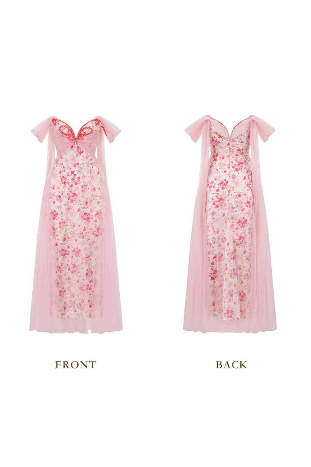 Tulle Patchwork Drop Shoulder Floral Print Maxi Dresses-Pink [Pre Order]