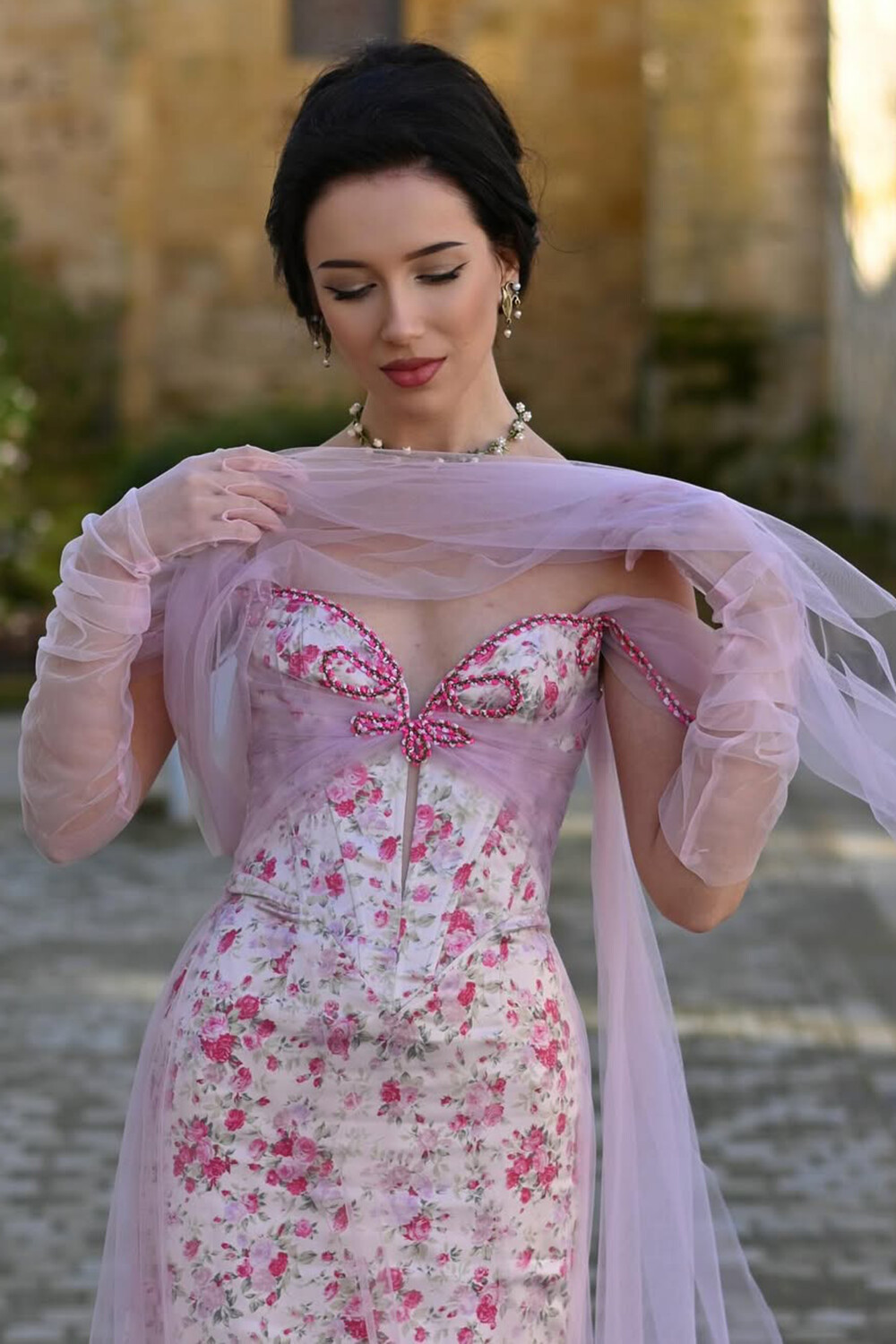 Tulle Patchwork Drop Shoulder Floral Print Maxi Dresses-Pink [Pre Order]