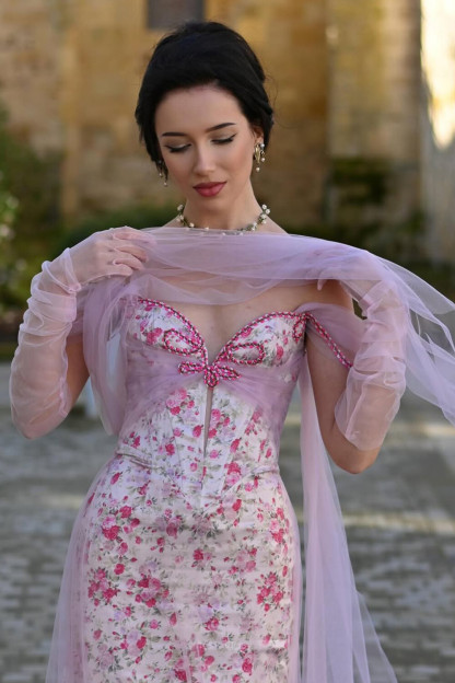 Tulle Patchwork Drop Shoulder Floral Print Maxi Dresses-Pink [Pre Order]