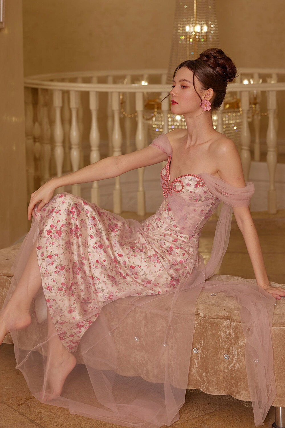 Tulle Patchwork Drop Shoulder Floral Print Maxi Dresses-Pink [Pre Order]