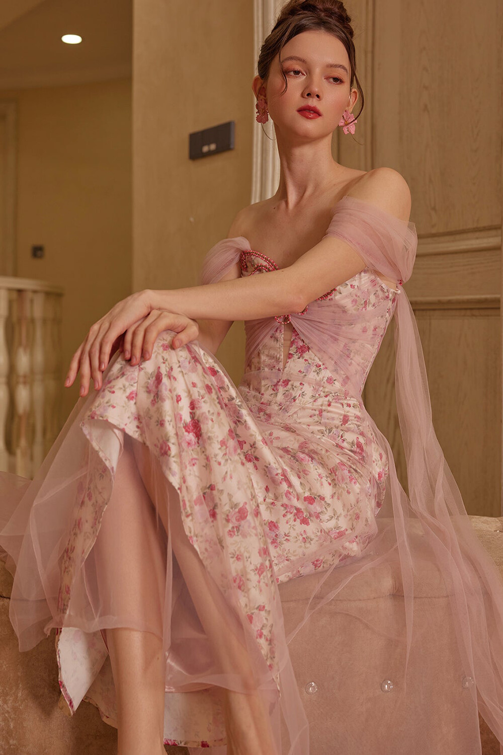 Tulle Patchwork Drop Shoulder Floral Print Maxi Dresses-Pink [Pre Order]