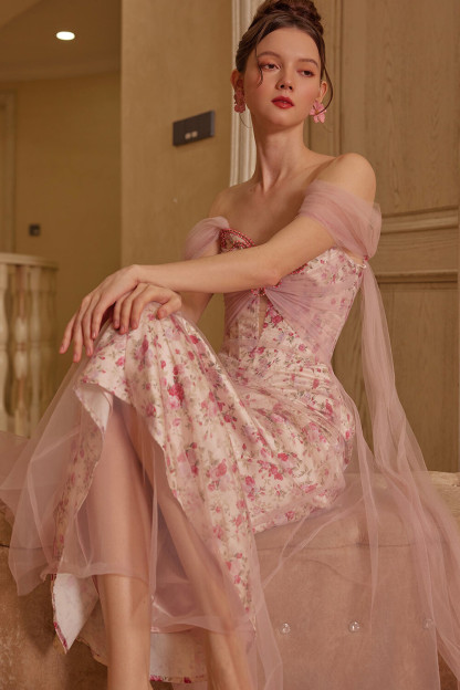 Tulle Patchwork Drop Shoulder Floral Print Maxi Dresses-Pink [Pre Order]