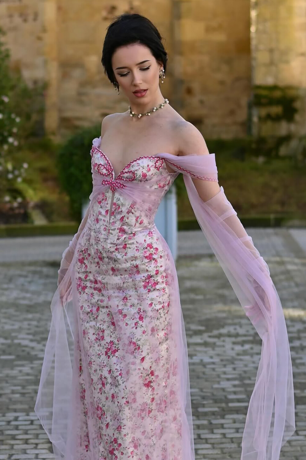 Tulle Patchwork Drop Shoulder Floral Print Maxi Dresses-Pink [Pre Order]