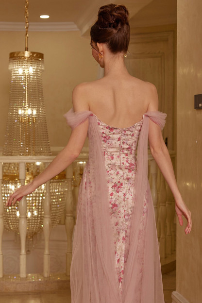 Tulle Patchwork Drop Shoulder Floral Print Maxi Dresses-Pink [Pre Order]