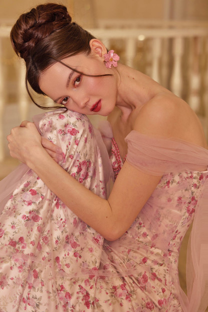 Tulle Patchwork Drop Shoulder Floral Print Maxi Dresses-Pink [Pre Order]