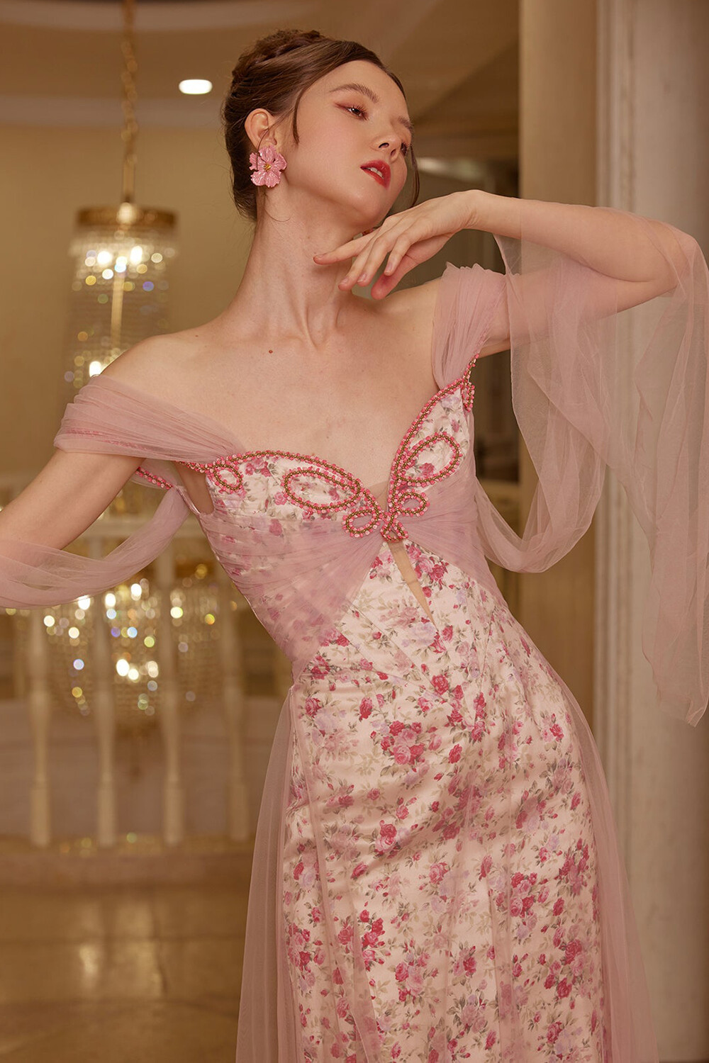 Tulle Patchwork Drop Shoulder Floral Print Maxi Dresses-Pink [Pre Order]