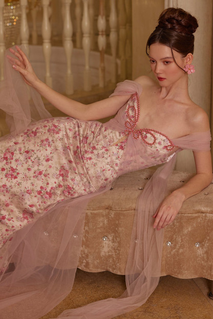 Tulle Patchwork Drop Shoulder Floral Print Maxi Dresses-Pink [Pre Order]