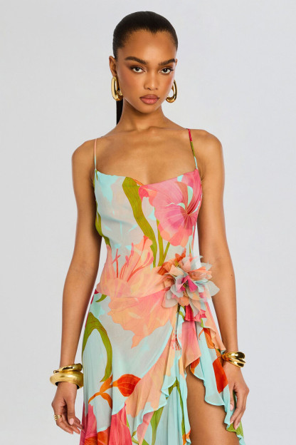 Floral Print Ruffled High Slit Irregular Slip Maxi Dresses-Blue [Pre Order]