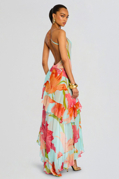 Floral Print Ruffled High Slit Irregular Slip Maxi Dresses-Blue [Pre Order]