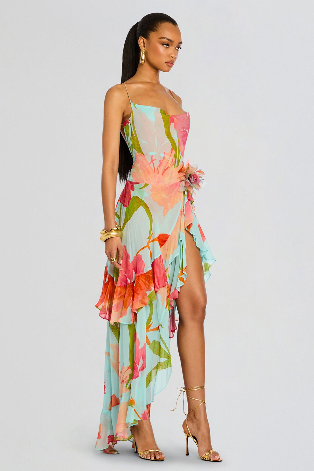 Floral Print Ruffled High Slit Irregular Slip Maxi Dresses-Blue [Pre Order]