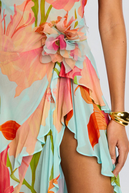 Floral Print Ruffled High Slit Irregular Slip Maxi Dresses-Blue [Pre Order]