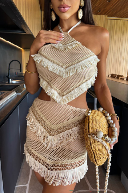 Tiered Tassel Halter Cutout Crochet Mini Dresses-Beige [Pre Order]