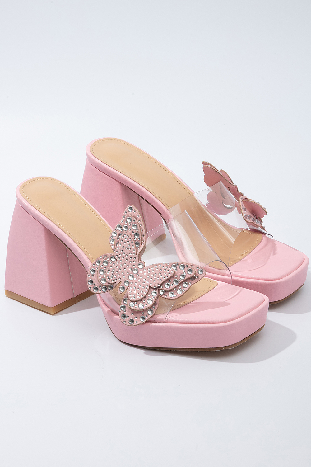 Rhinestone 3D Butterfly Decor Square Toe Platform Slides Chunky Heels-Black