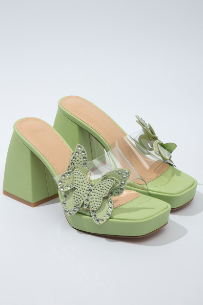 Rhinestone 3D Butterfly Decor Square Toe Platform Slides Chunky Heels-Black