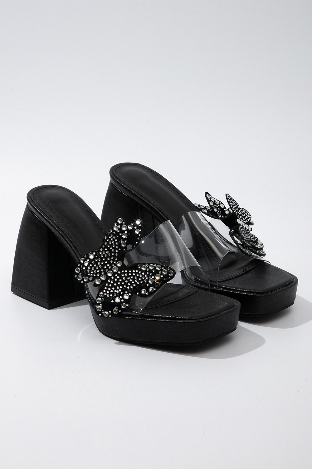 Rhinestone 3D Butterfly Decor Square Toe Platform Slides Chunky Heels-Black