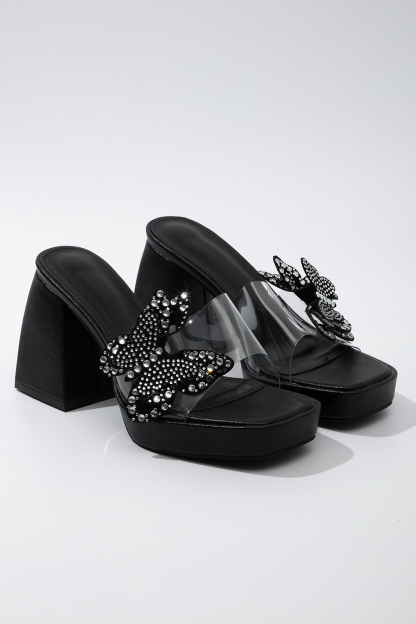 Rhinestone 3D Butterfly Decor Square Toe Platform Slides Chunky Heels-Black