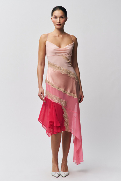 Lace Patchwork Colorblock Irregular Slip Midi Dresses-Pink [Pre Order]