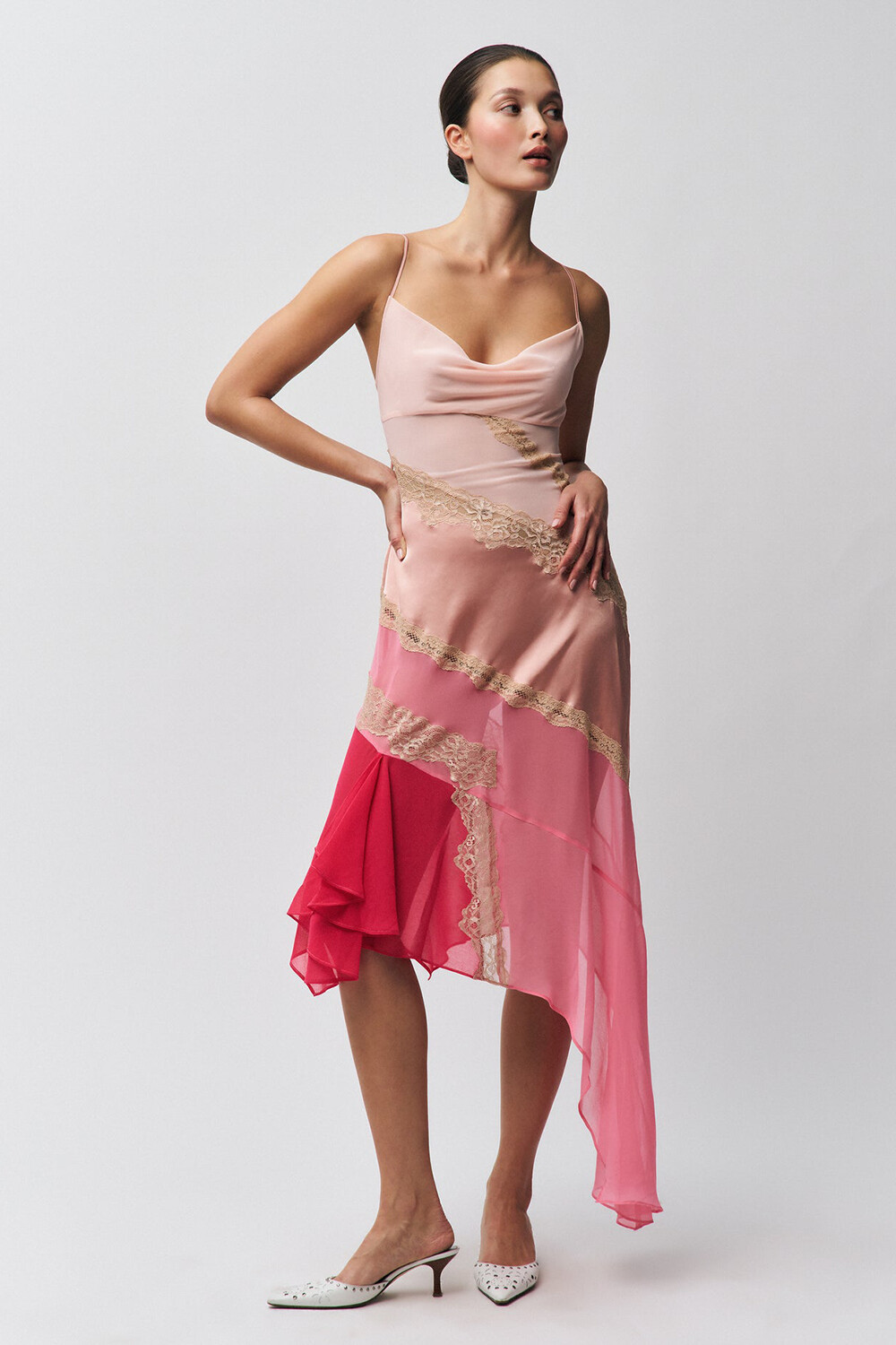 Lace Patchwork Colorblock Irregular Slip Midi Dresses-Pink [Pre Order]