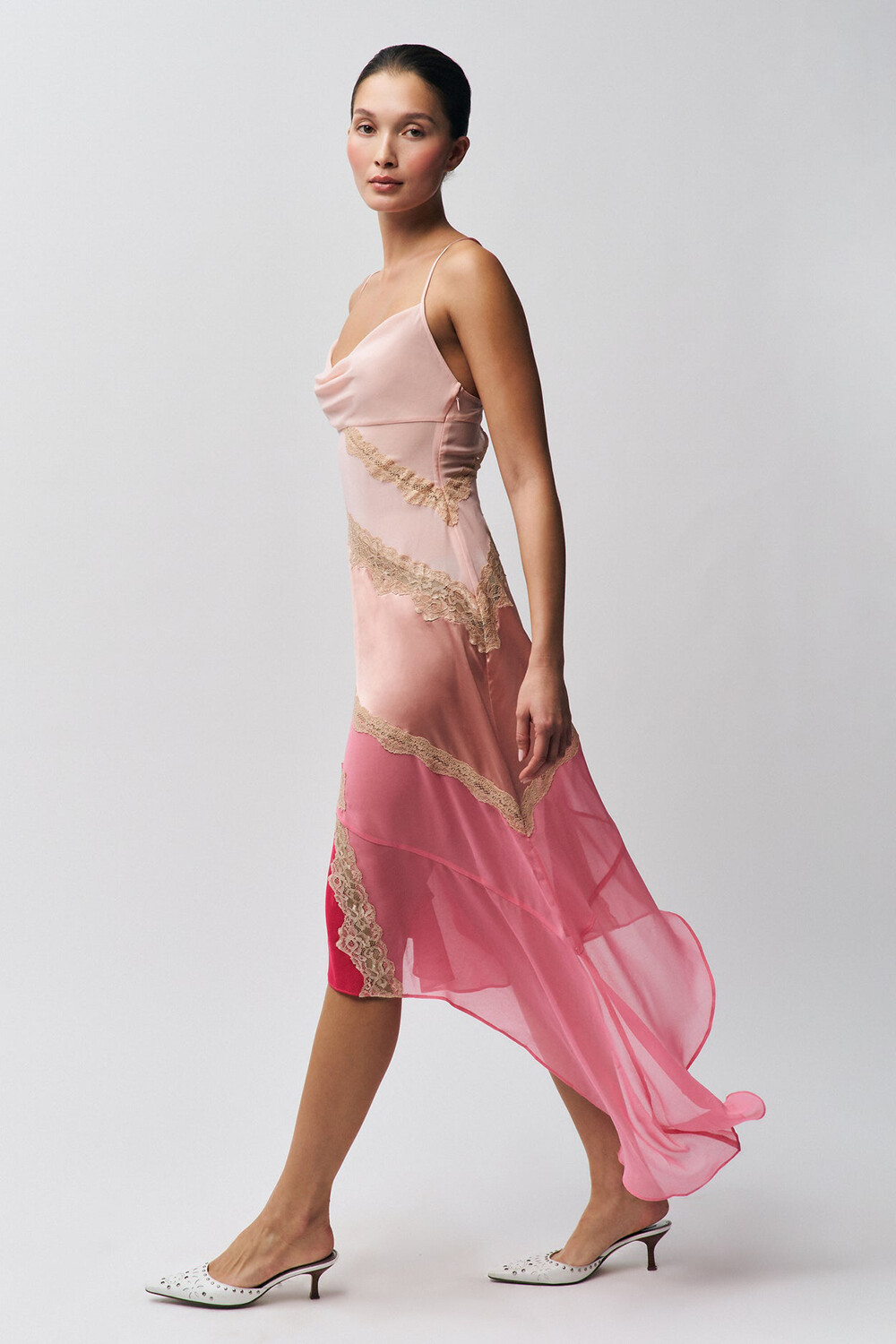 Lace Patchwork Colorblock Irregular Slip Midi Dresses-Pink [Pre Order]