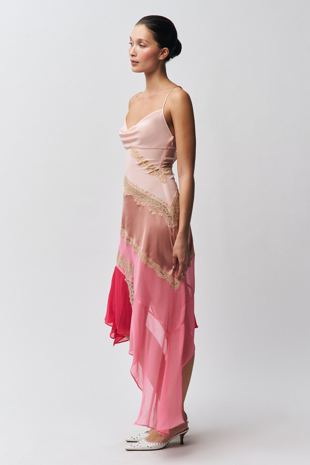 Lace Patchwork Colorblock Irregular Slip Midi Dresses-Pink [Pre Order]