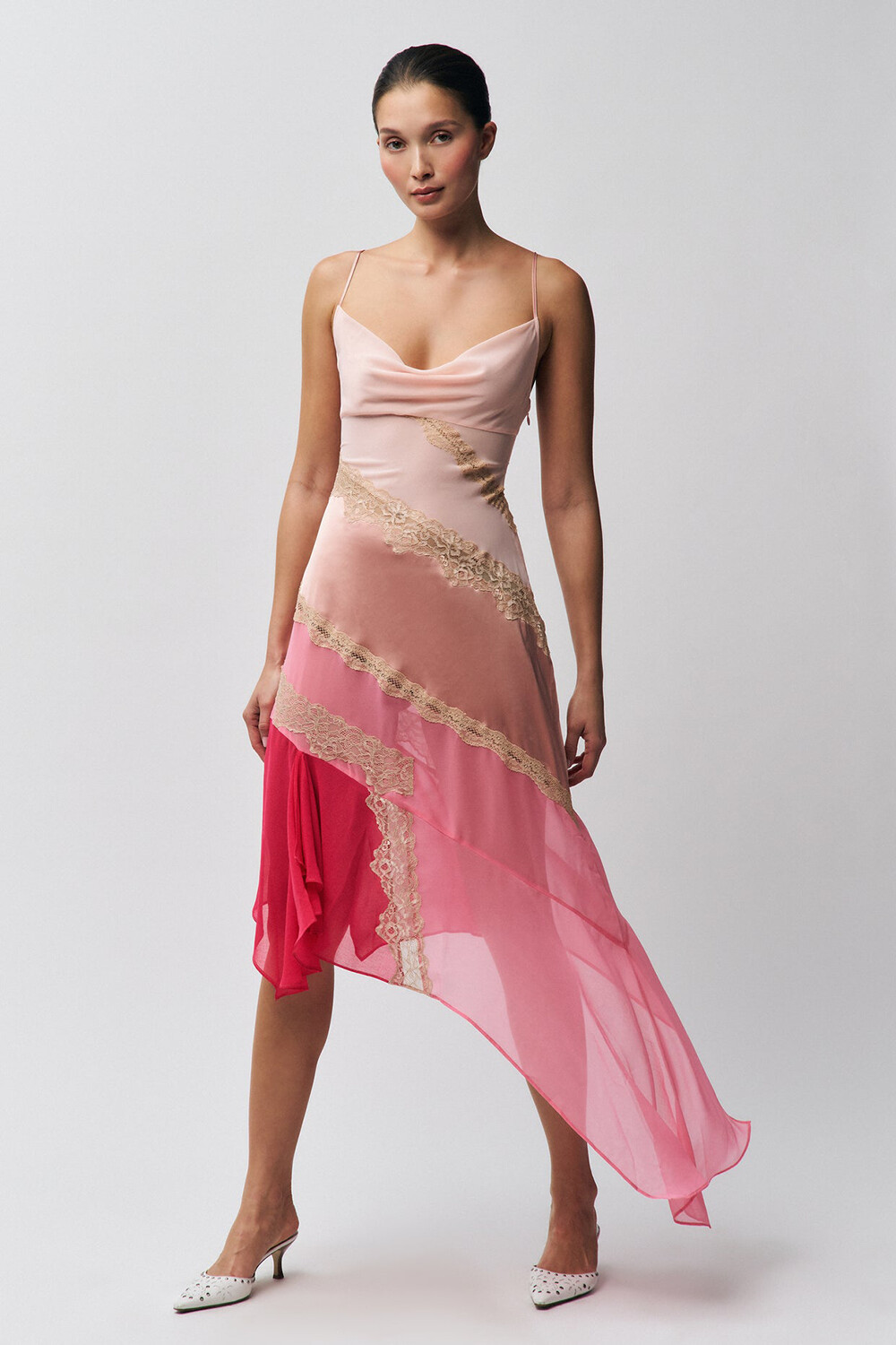 Lace Patchwork Colorblock Irregular Slip Midi Dresses-Pink [Pre Order]