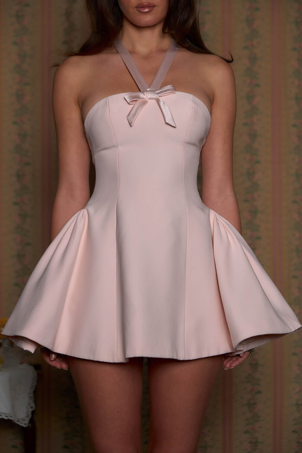 Bow Decor Halter Neck Cinch Waist Plain Mini Dresses-Pink [Pre Order]
