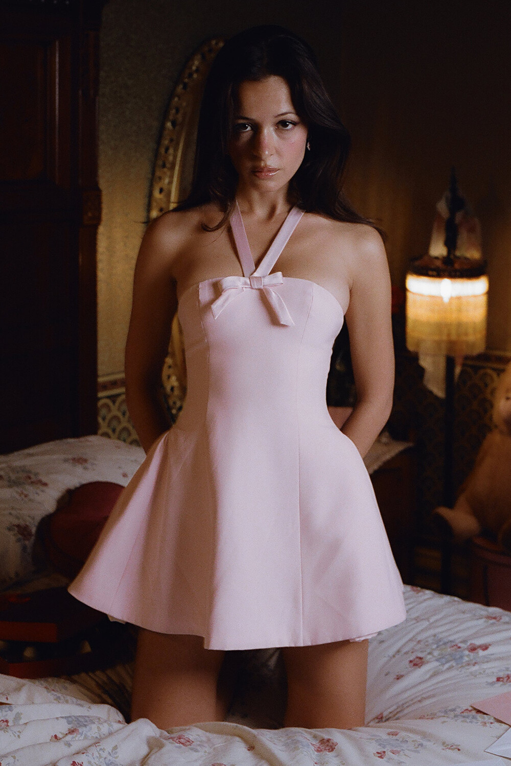 Bow Decor Halter Neck Cinch Waist Plain Mini Dresses-Pink [Pre Order]