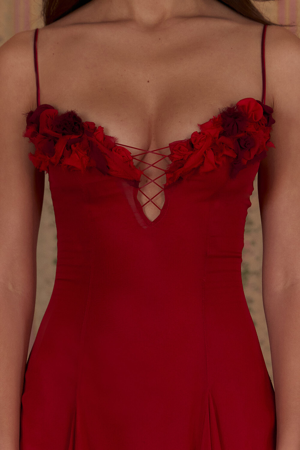 Floral Trim Plunge Neck Pleated A-Line Slip Midi Dresses-Red [Pre Order]