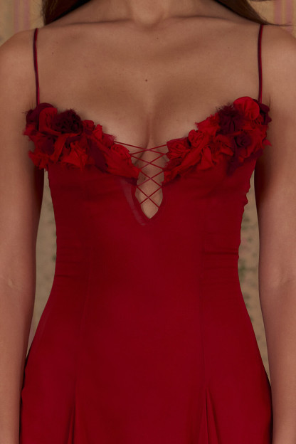 Floral Trim Plunge Neck Pleated A-Line Slip Midi Dresses-Red [Pre Order]