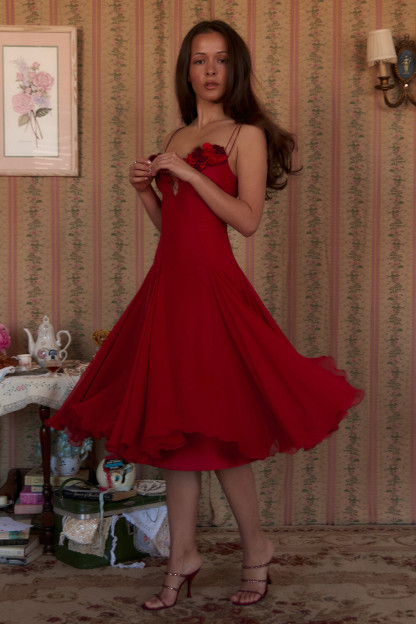 Floral Trim Plunge Neck Pleated A-Line Slip Midi Dresses-Red [Pre Order]