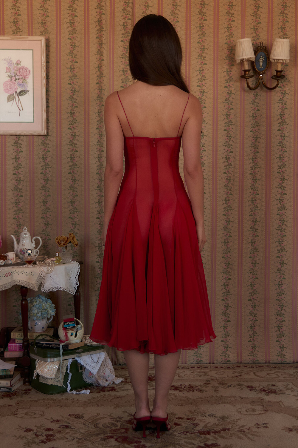 Floral Trim Plunge Neck Pleated A-Line Slip Midi Dresses-Red [Pre Order]