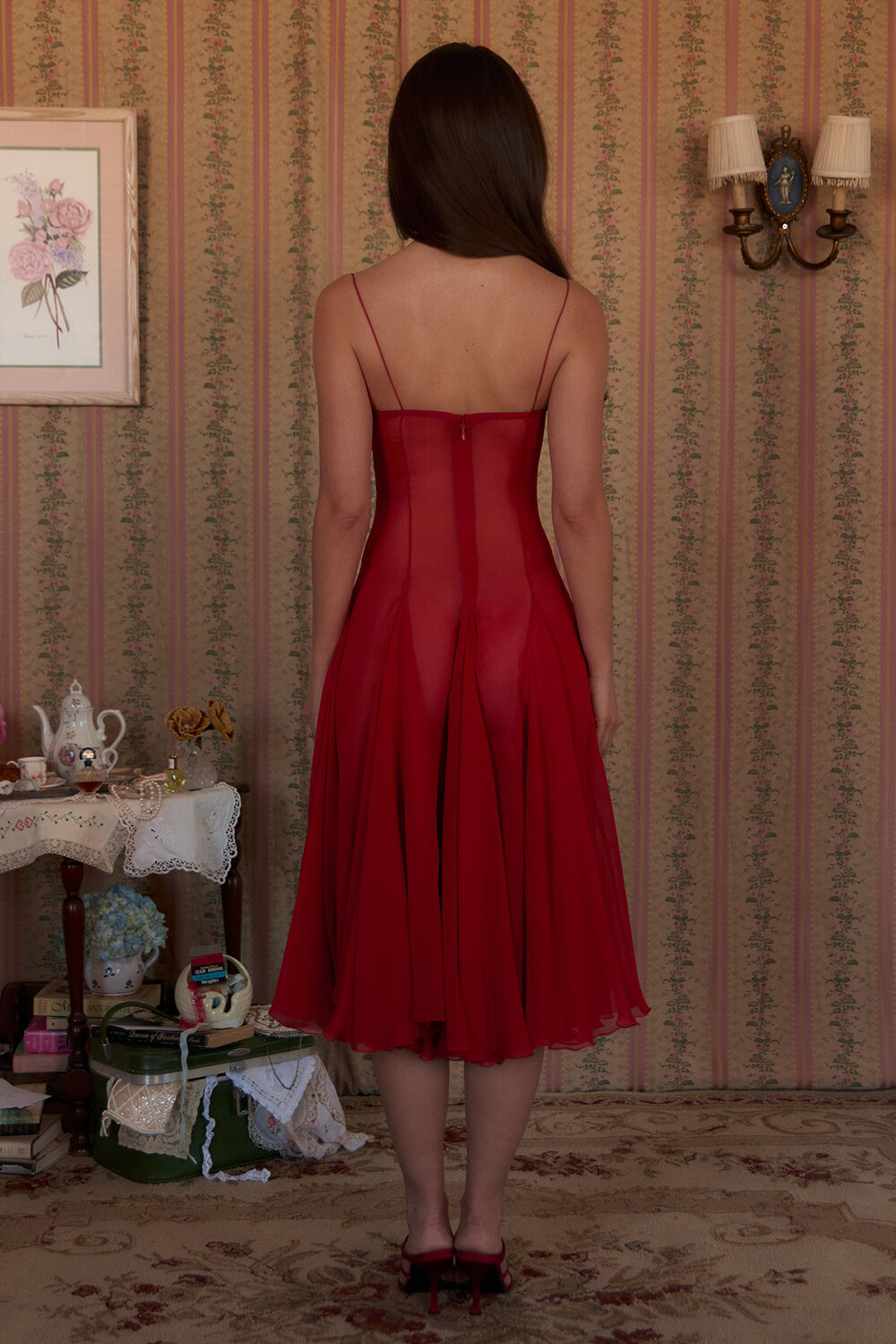 Floral Trim Plunge Neck Pleated A-Line Slip Midi Dresses-Red [Pre Order]