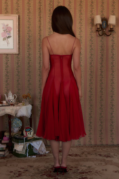 Floral Trim Plunge Neck Pleated A-Line Slip Midi Dresses-Red [Pre Order]