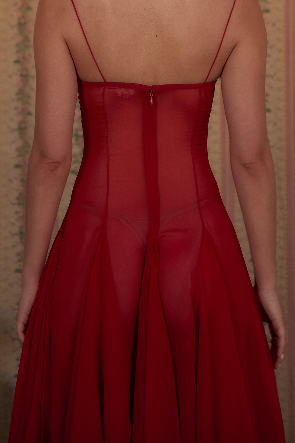 Floral Trim Plunge Neck Pleated A-Line Slip Midi Dresses-Red [Pre Order]
