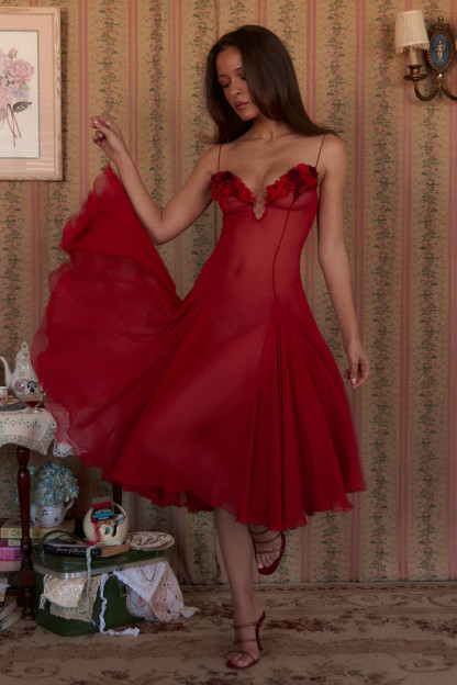 Floral Trim Plunge Neck Pleated A-Line Slip Midi Dresses-Red [Pre Order]