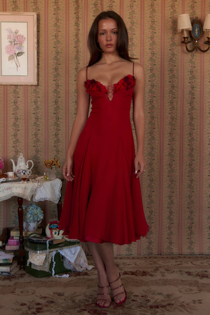 Floral Trim Plunge Neck Pleated A-Line Slip Midi Dresses-Red [Pre Order]