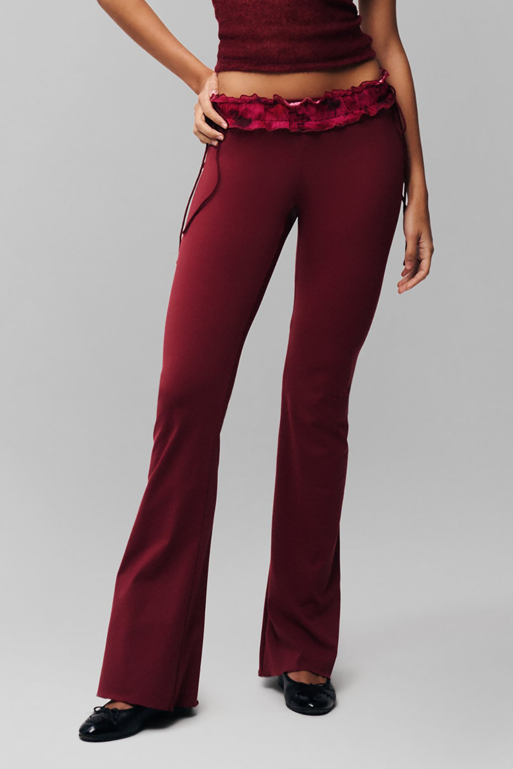 Ruched Slim Fit Knit Cami Frilled Pants 2pcs Set-Burgundy [Pre Order]