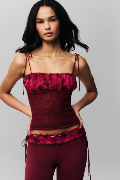 Ruched Slim Fit Knit Cami Frilled Pants 2pcs Set-Burgundy [Pre Order]