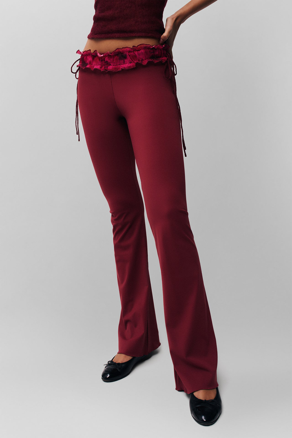 Ruched Slim Fit Knit Cami Frilled Pants 2pcs Set-Burgundy [Pre Order]