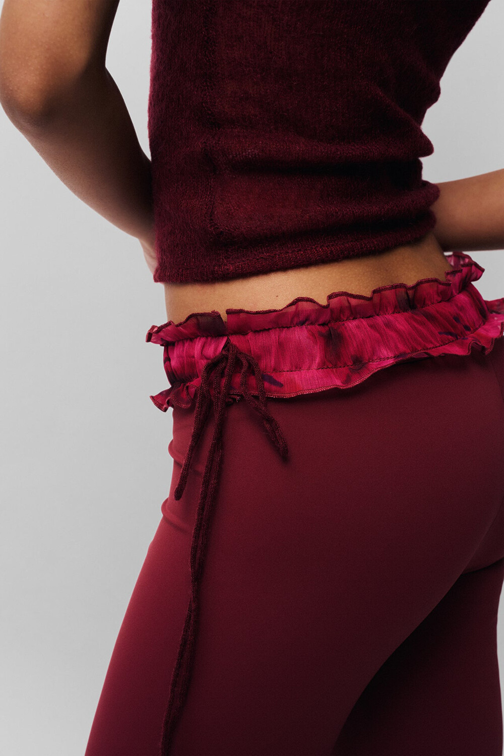 Ruched Slim Fit Knit Cami Frilled Pants 2pcs Set-Burgundy [Pre Order]